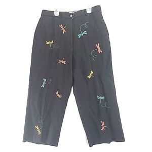 Jillian Jones Petites Cropped Linen Pants Embroidered Dragonflies Beaded Black